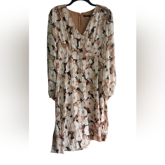 Tommy Hilfiger Women's Beige Metallic Floral Pleated V-Neck Dress - Picture 1 of 5